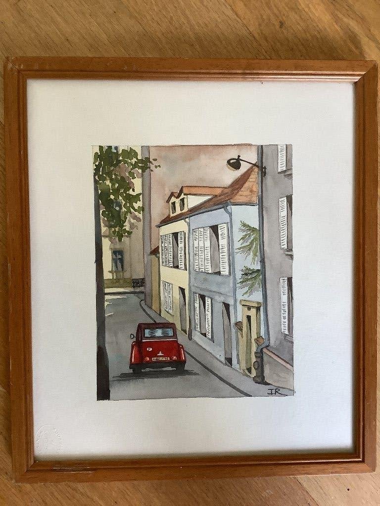 Aquarel, deux chevaux, lelijke eend, 2CV, in frans stadje, Ophalen