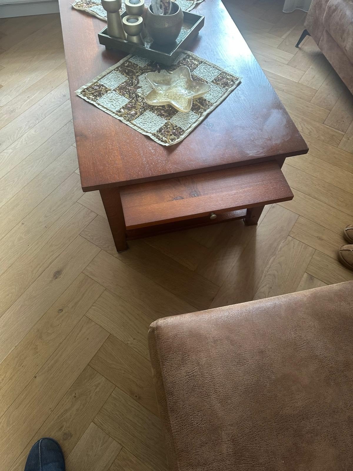 Houten eettafel en salontafel set, Ophalen, Gebruikt, 100 tot 150 cm, 50 tot 100 cm
