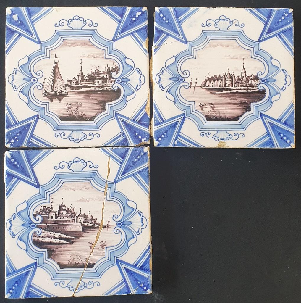 Antieke Delfts blauwe tegels met landschapstaferelen, Antiek en Kunst, Ophalen of Verzenden