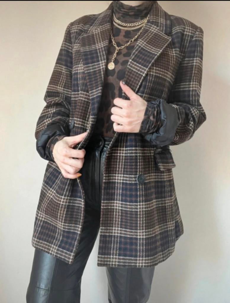 Geruit vintage jasje/colbert, M. Houndstooth blazer unisex, Maat 38/40 (M), Bruin, Verzenden, Vintage
