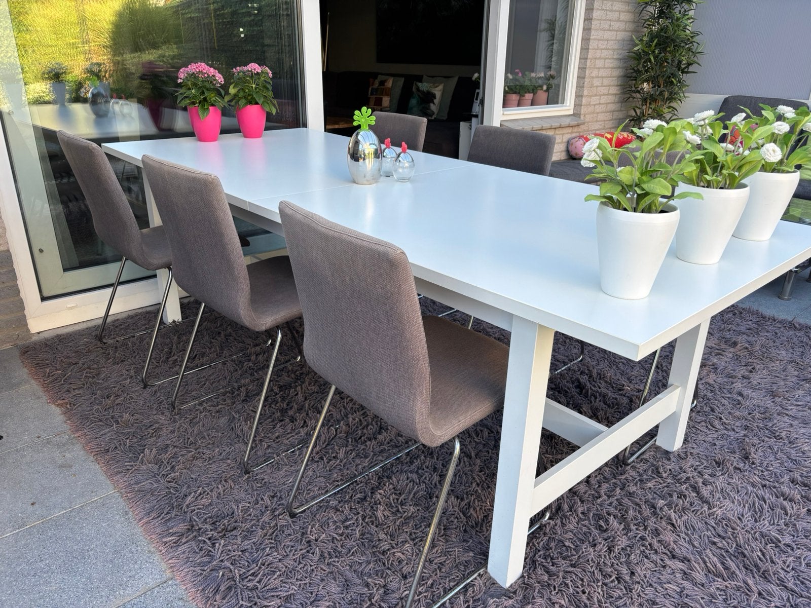 Eettafel wit uitschuifbaar Ikea met 6 stoelen., Ophalen, Gebruikt, 200 cm of meer, 50 tot 100 cm