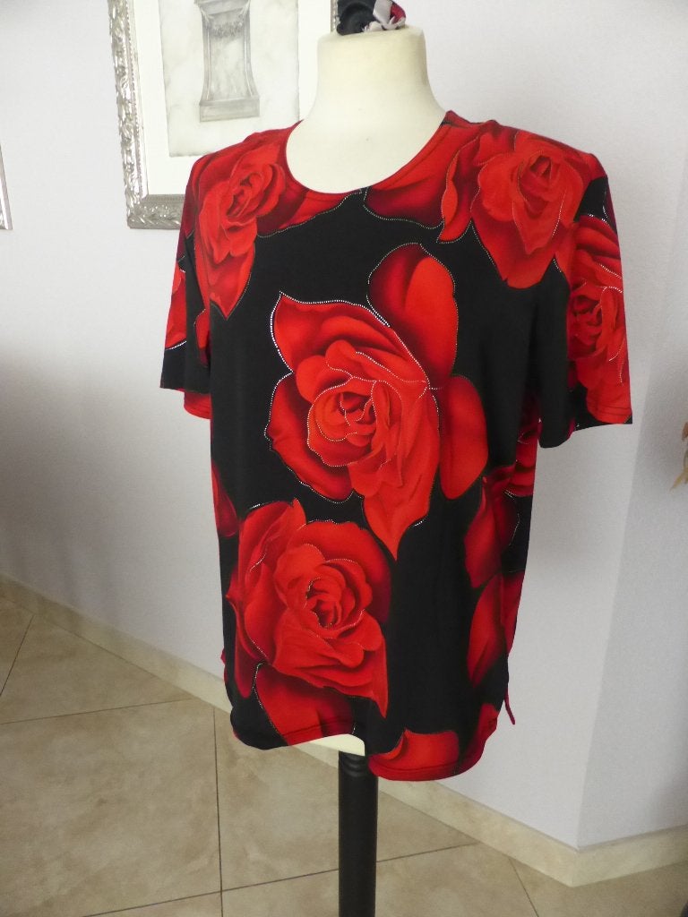 Zwart-rood travel kwaliteit shirt met rozenprint maat L, Florance, Meerkleurig, Maat 42/44 (L), Ophalen of Verzenden