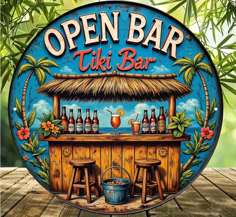 Open Tiki Bar Wandplaat, Verzenden, Nieuw, Wandbord of Wandpaneel