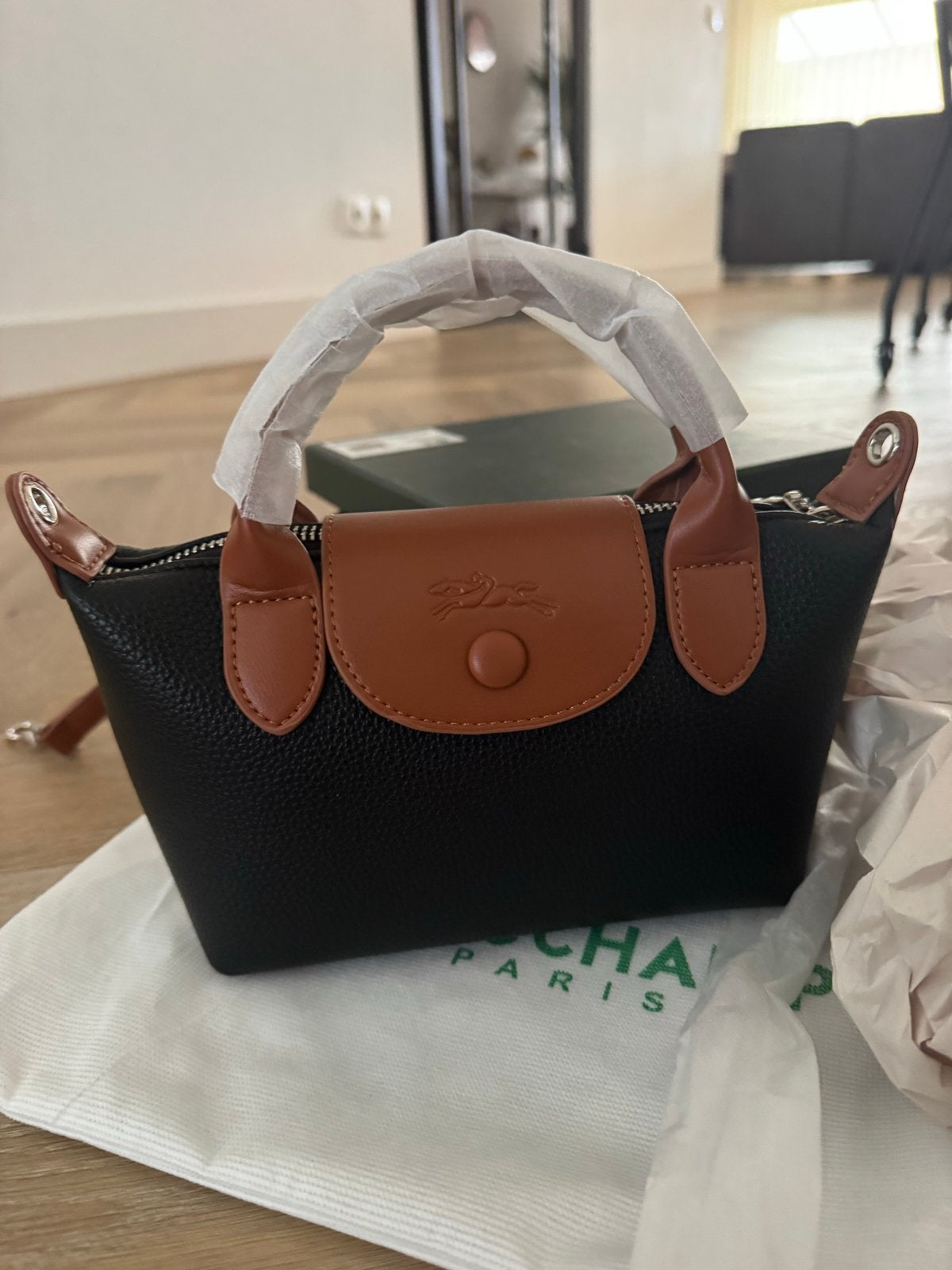 Longchamp Le Pliage Cuir Mini Handtas Zwart/Bruin, Sieraden, Tassen en Uiterlijk, Ophalen of Verzenden, Nieuw, Zwart, Handtas