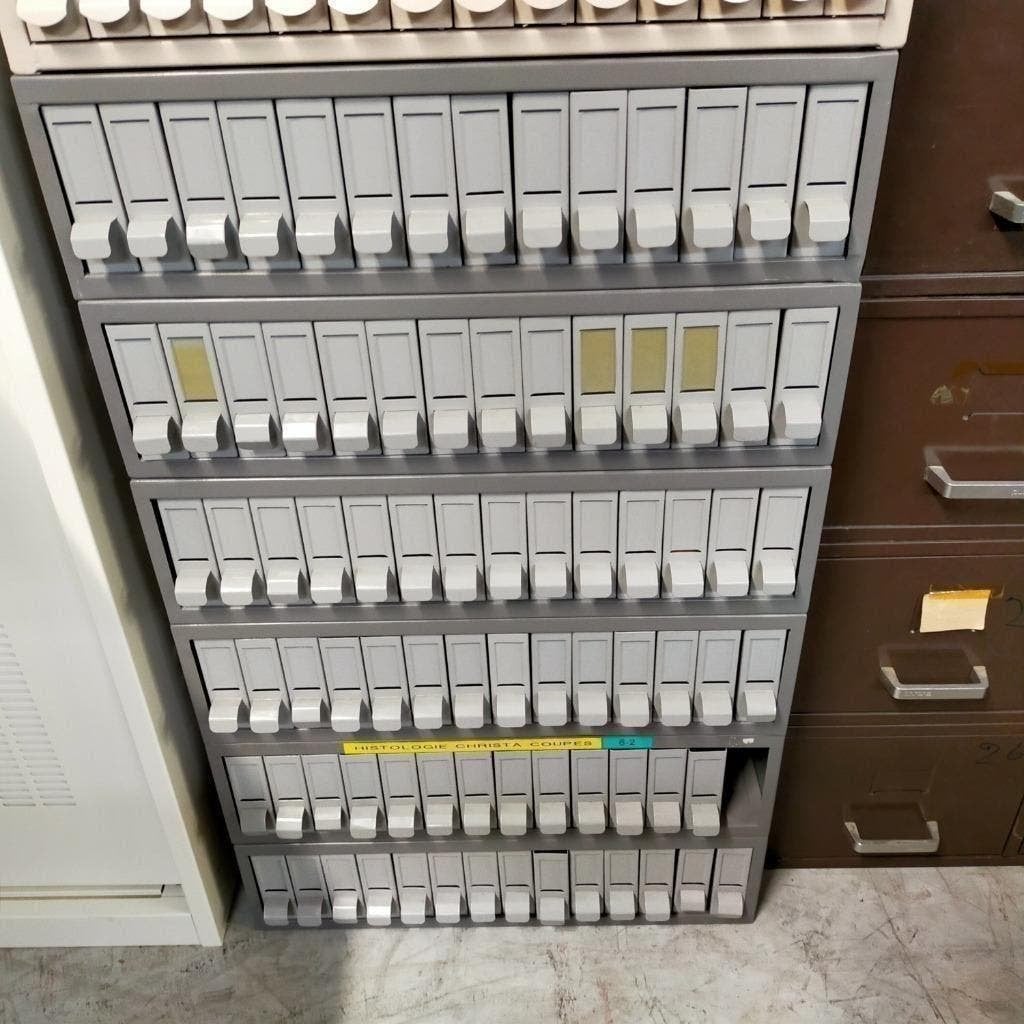 Vintage ladekast met 6x14 kleine laadjes voor opslag dia`s