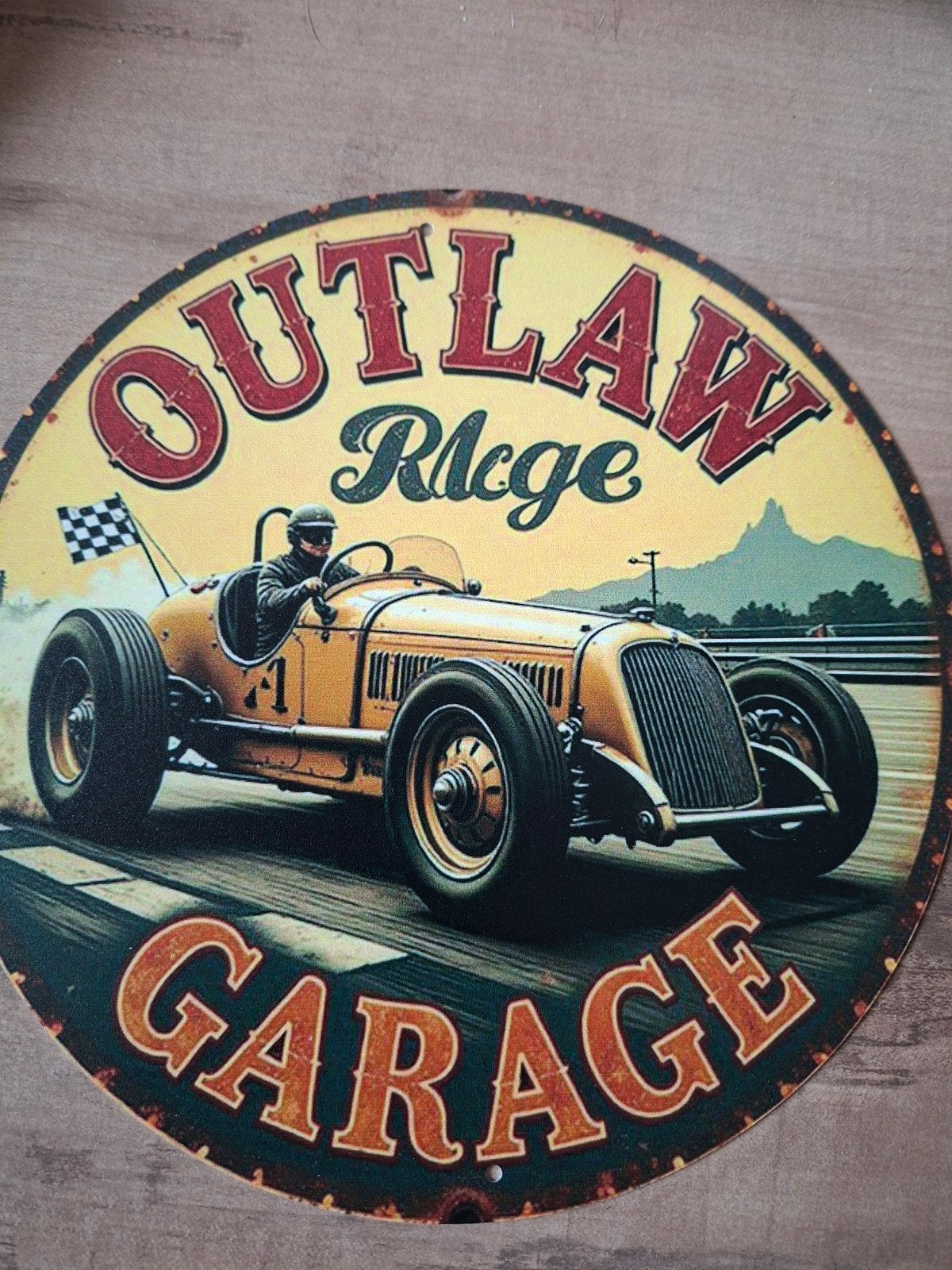 Metalen bord Outlaw Garage 20 cm - Vintage raceauto, Vintage, Gebruikt, Meerkleurig, Ophalen of Verzenden