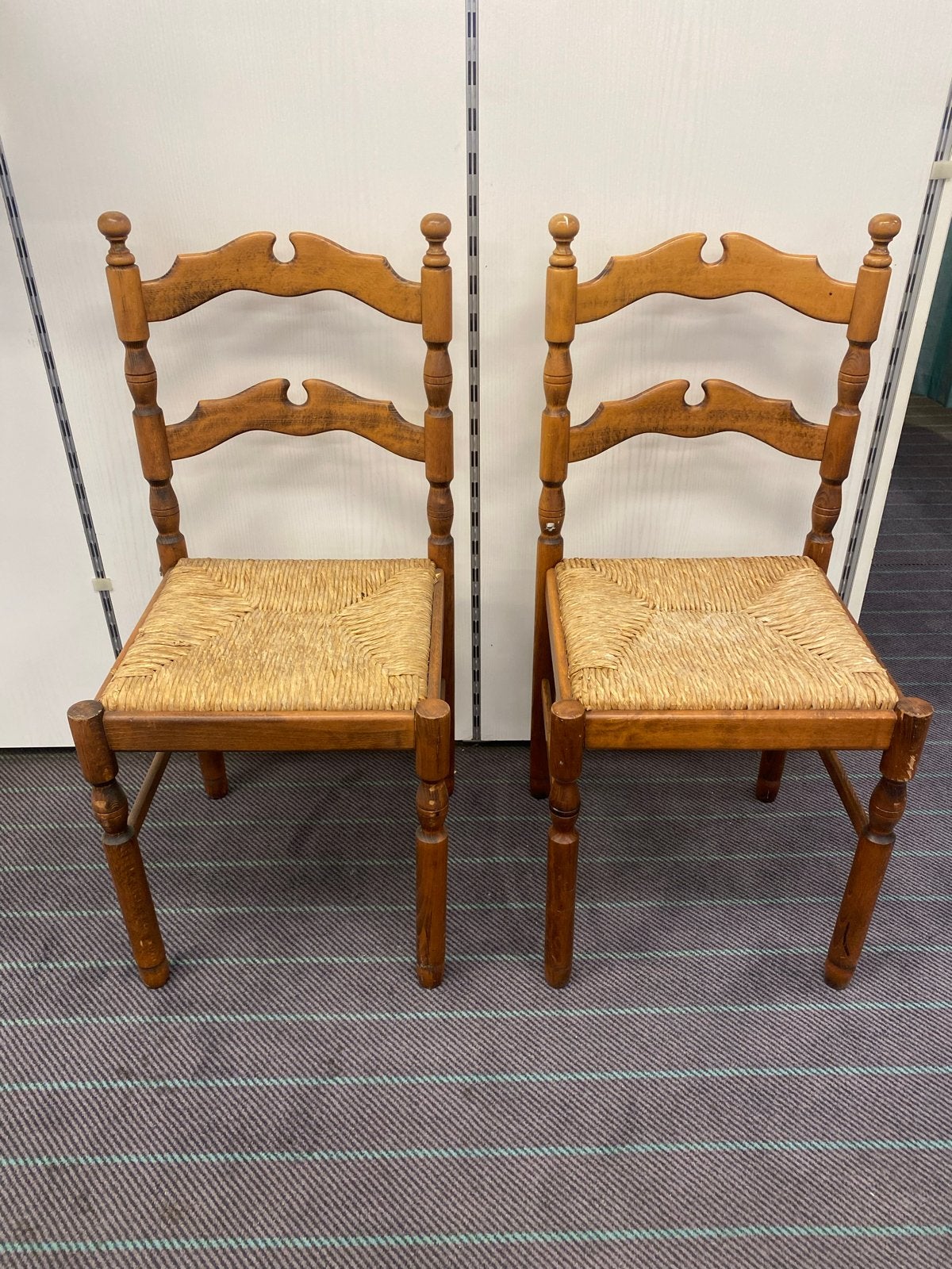 Set van 2 Vintage Rieten/Houten Stoelen - 90 cm hoog, Ophalen, Gebruikt, Twee, Bruin
