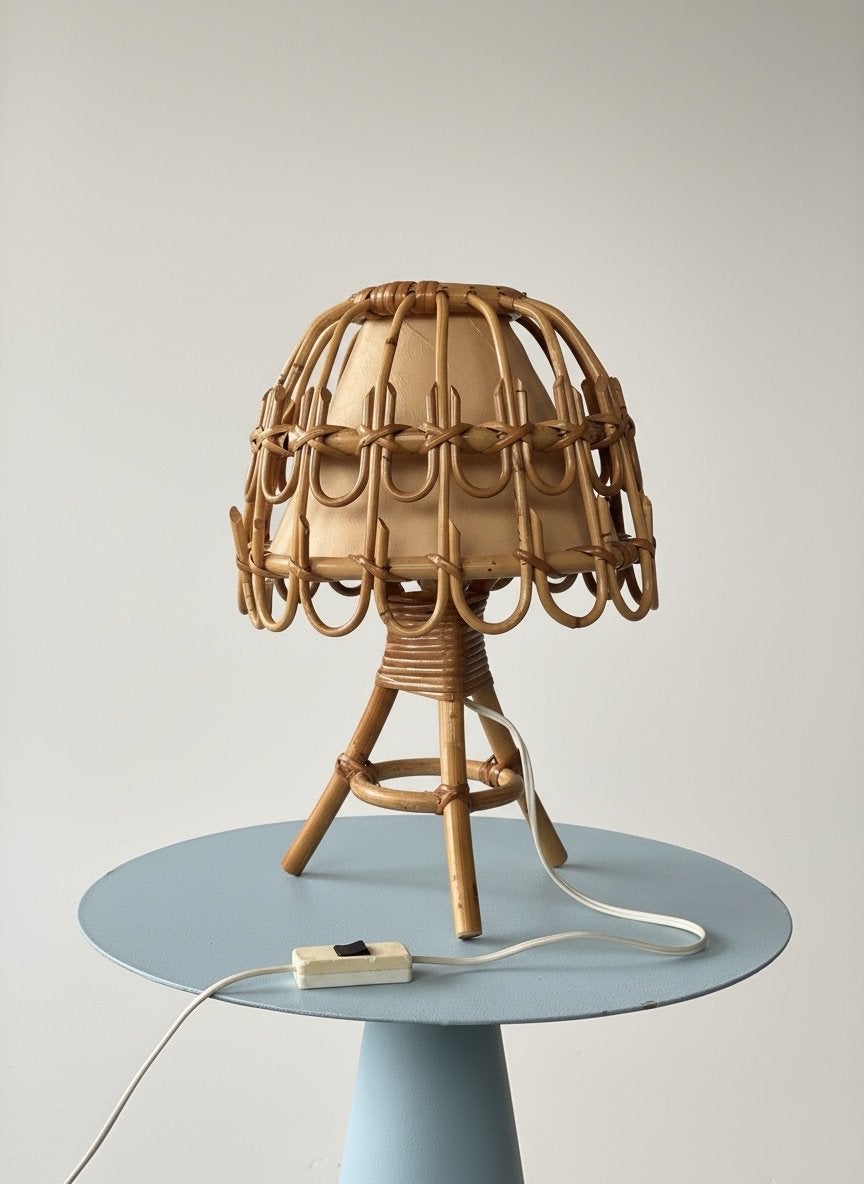 Vintage Rotan Tafellamp Jaren '60 - Goede Staat, Ophalen of Verzenden