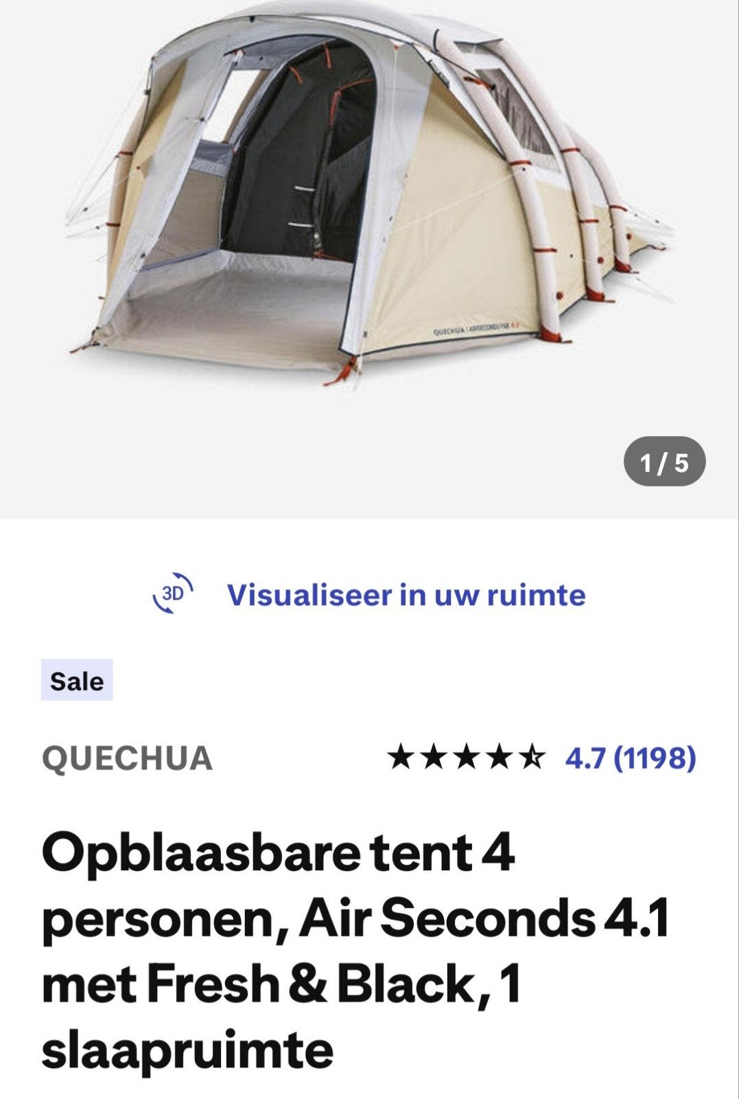 Quechua Air Seconds 4.1 Fresh & Black opblaasbare tent, Caravans en Kamperen, Tenten, Ophalen, Zo goed als nieuw, Tot en met 4