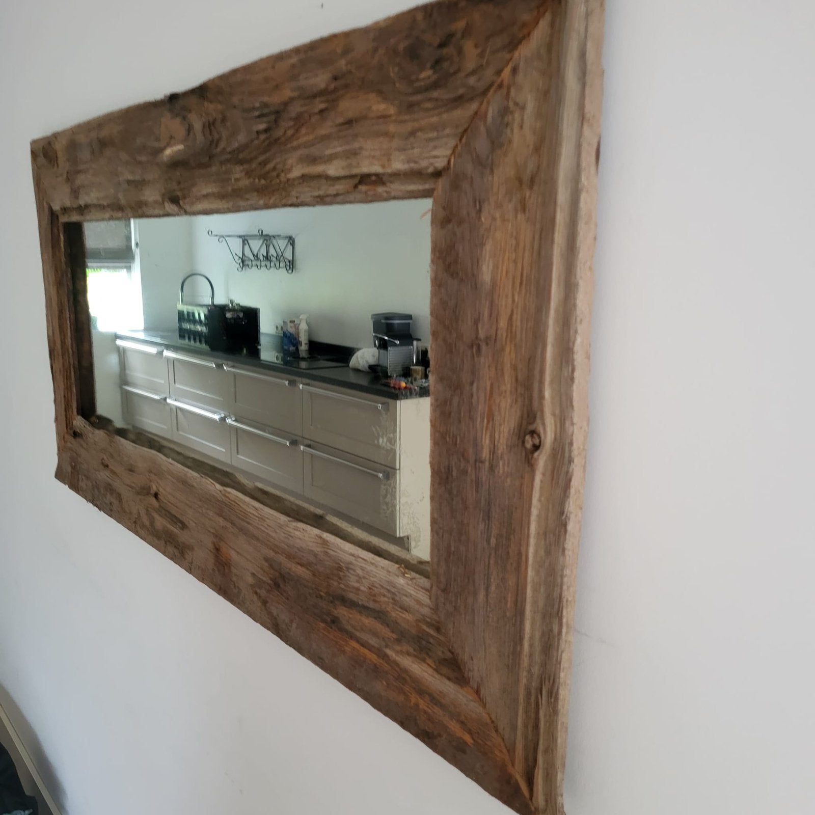Oud spiegelglas met oud houten lijst 133x64cm, Ophalen, 100 tot 150 cm, Zo goed als nieuw, Rechthoekig