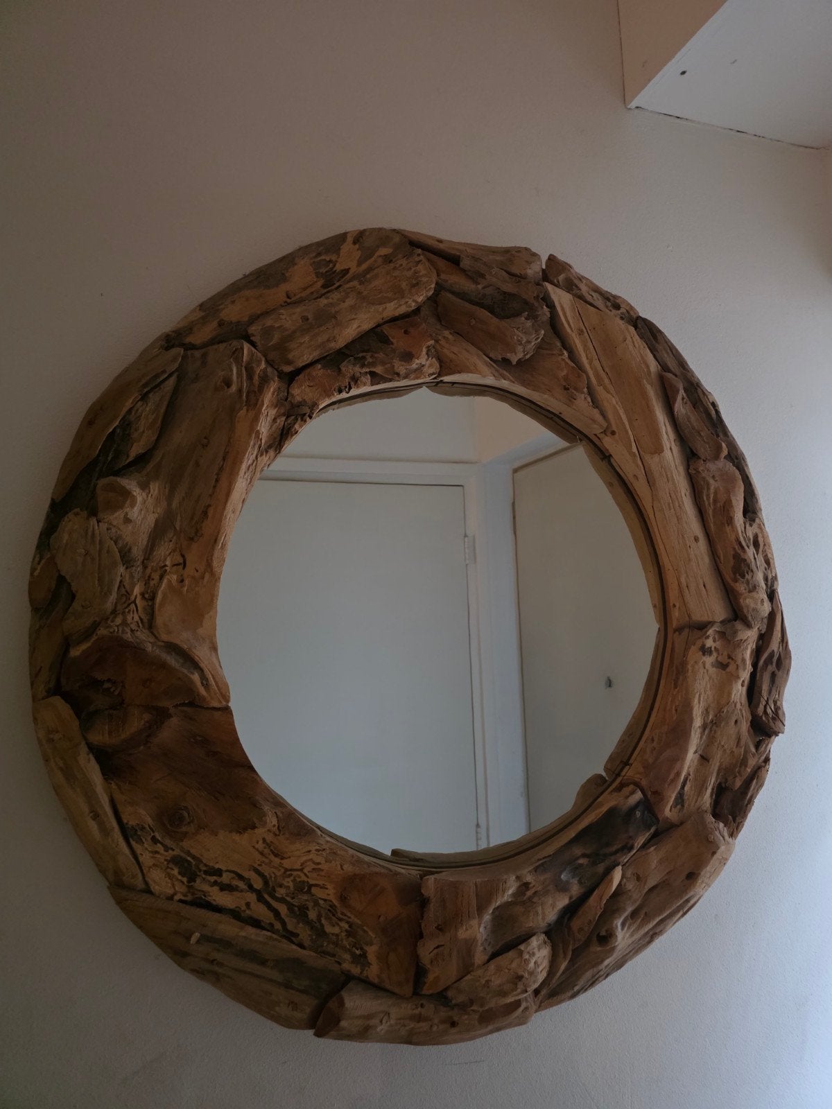 Unieke ronde spiegel met drijfhout frame, Antiek en Kunst, Ophalen, Rond, 50 tot 100 cm, Minder dan 100 cm