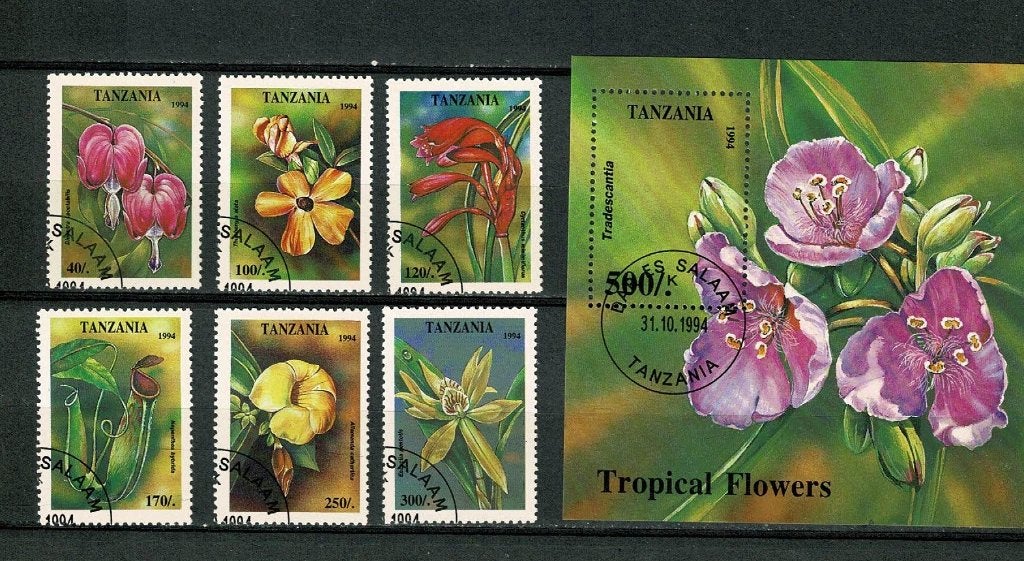 Bloemen tropische bloemen postzegelserie en blok Tanzania, Verzenden, Gestempeld, Dier of Natuur