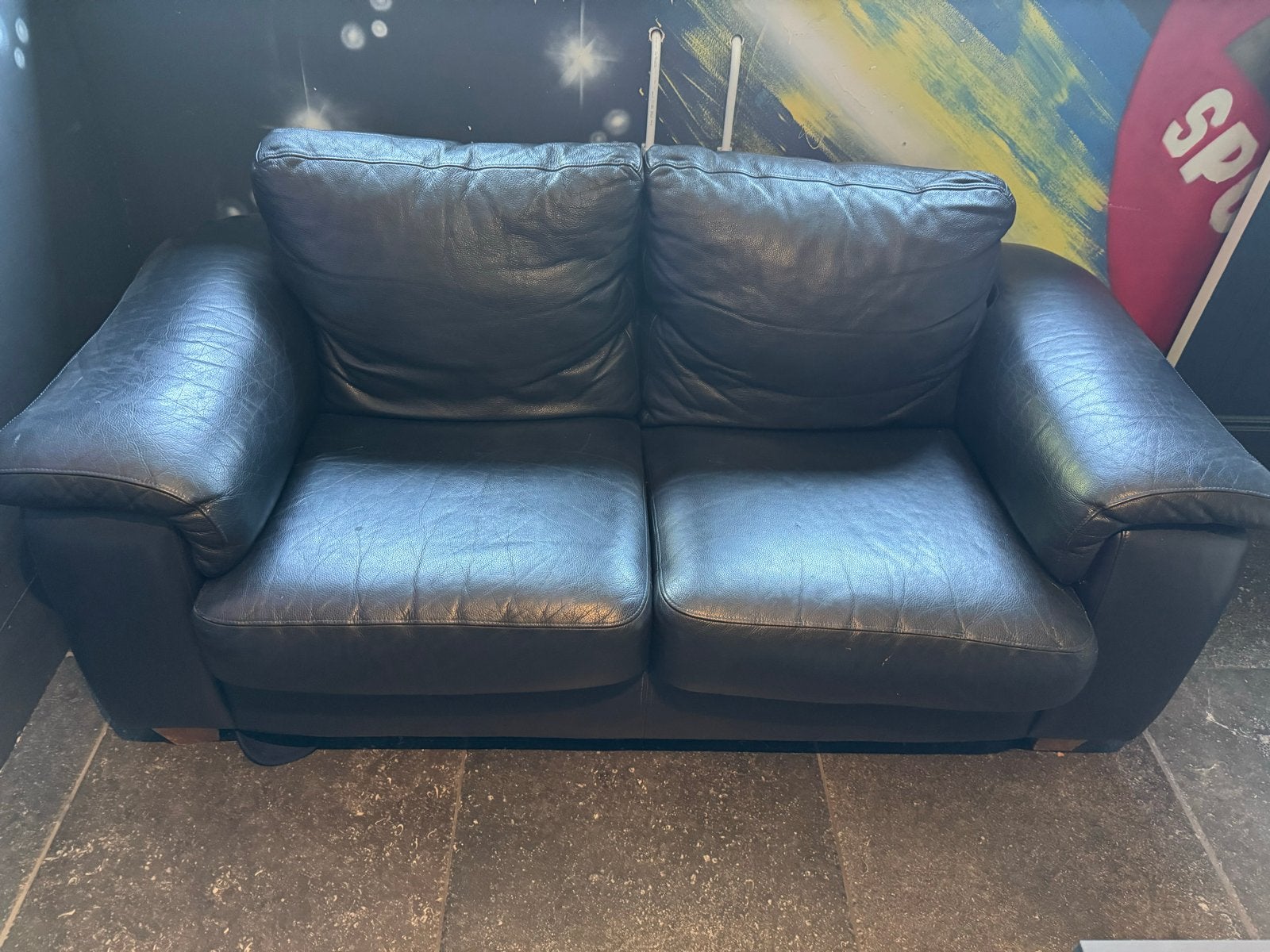 Luxe 2-zits bank van echt leer – donkerblauw/antraciet, Ophalen, Gebruikt, 150 tot 200 cm, Tweepersoons
