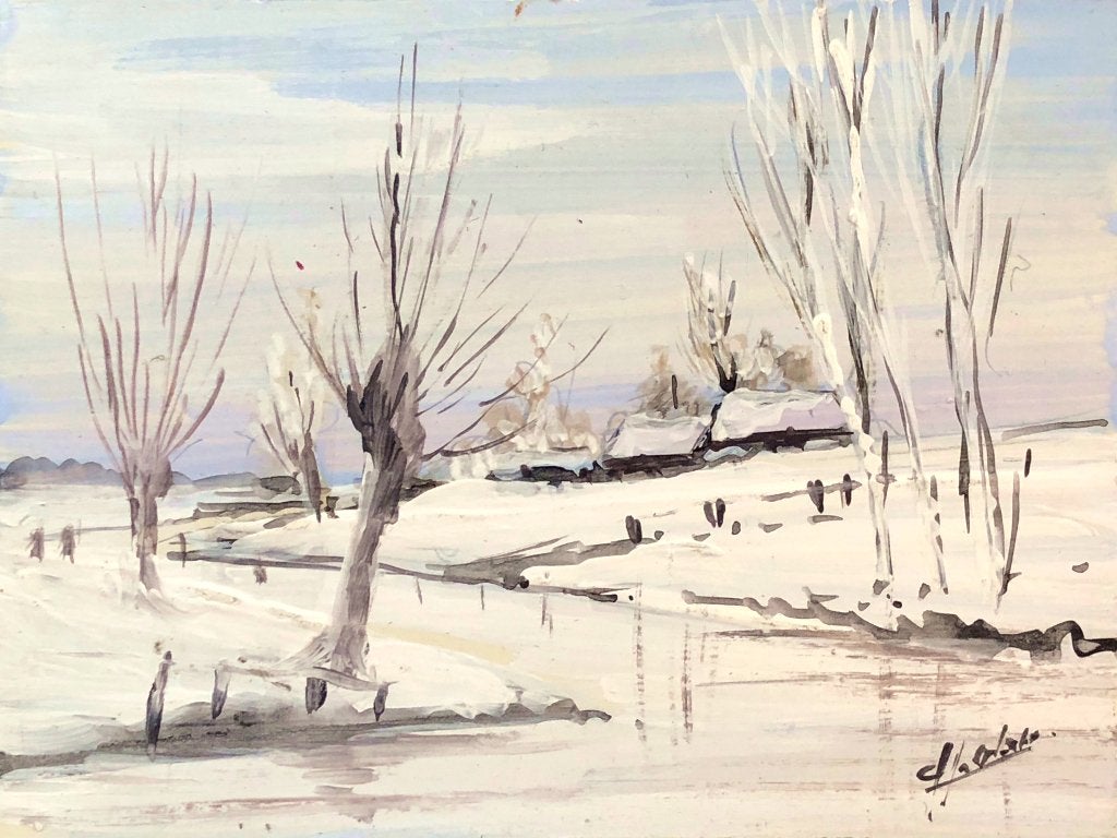 2x Schilderij (olieverf) op houten paneel 'Wintergezicht', Ophalen of Verzenden