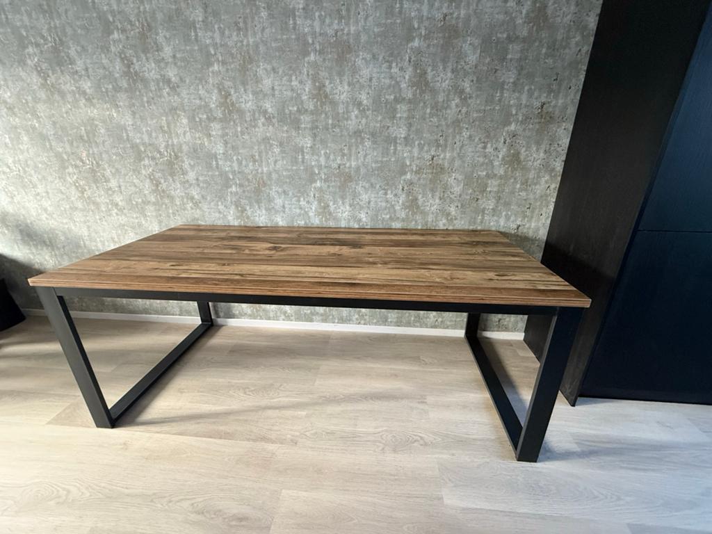 Eettafel 200x90cm met metalen onderstel, Ophalen, Gebruikt, 50 tot 100 cm, Vijf personen of meer