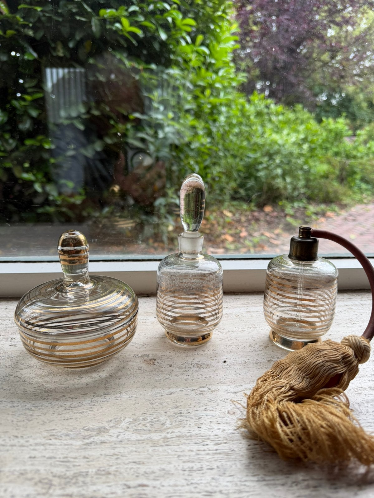 Prachtige Vintage Art Deco Parfumset  Glas Goud (3-delig), Ophalen of Verzenden