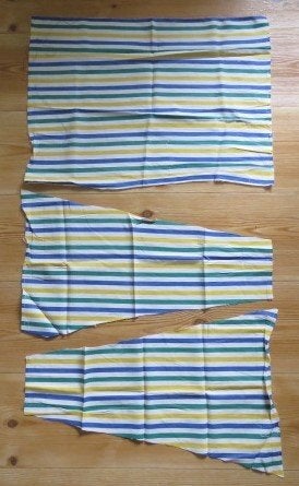 3 lapjes vintage stof (jaren 60) wit geel blauw groen gestr., Hobby en Vrije tijd, Stoffen en Lappen, Wit, Ophalen of Verzenden