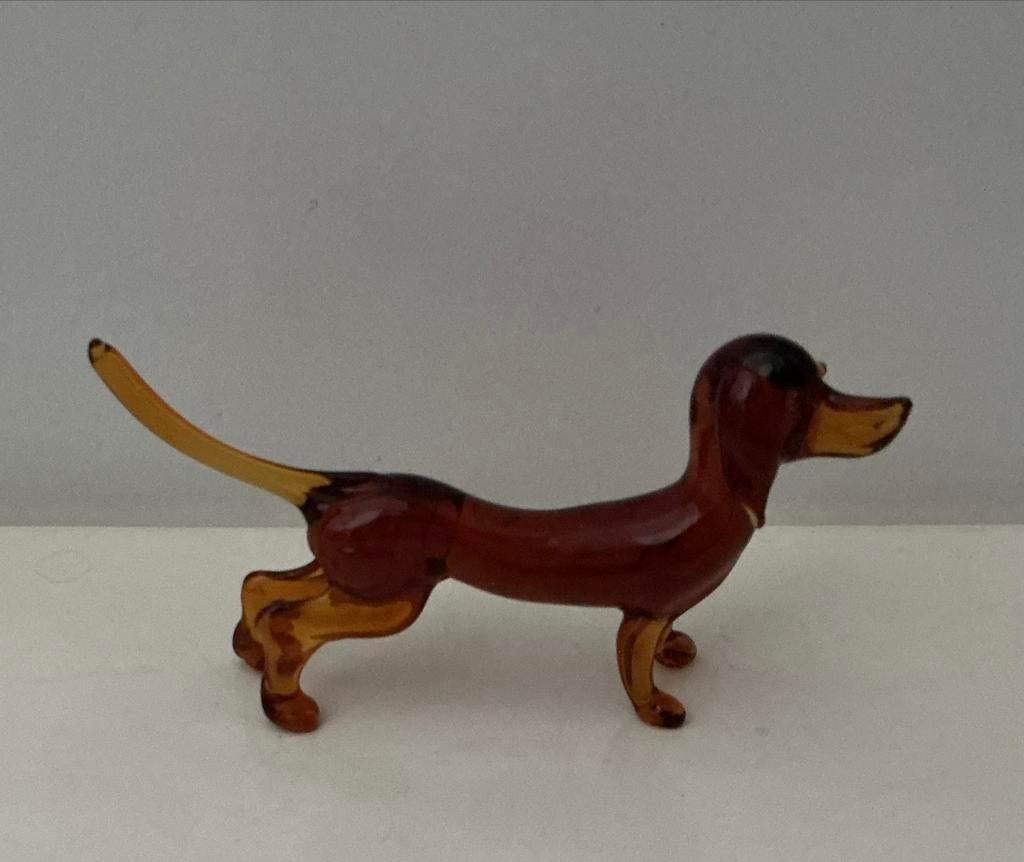 Beeldje teckel van glas  - Vintage Hondenbeeldje, Ophalen of Verzenden