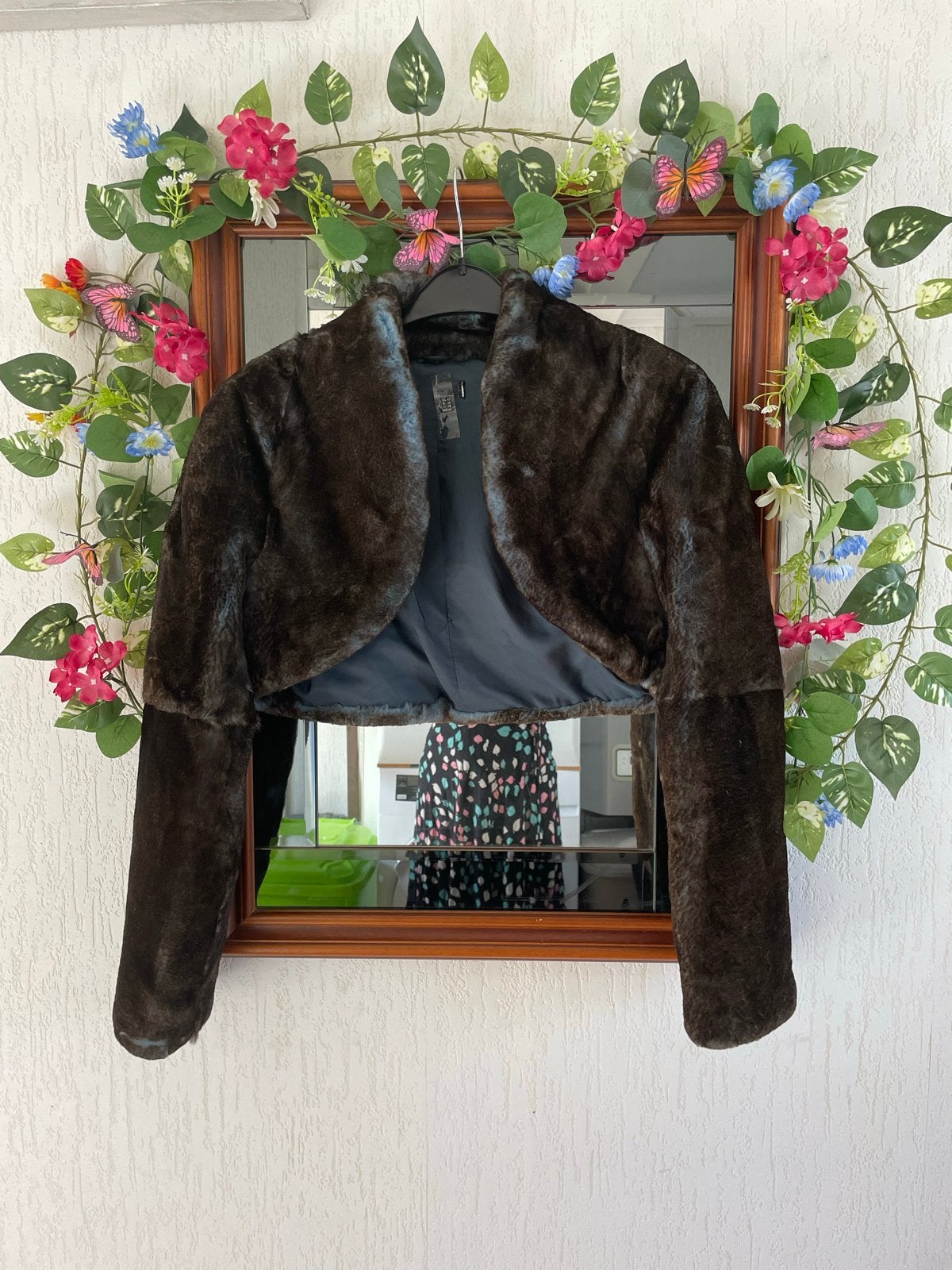Donkerbruin/blauw bolero jasje van imitatiebont, Ophalen of Verzenden, Zo goed als nieuw, Maat 38/40 (M), Bruin