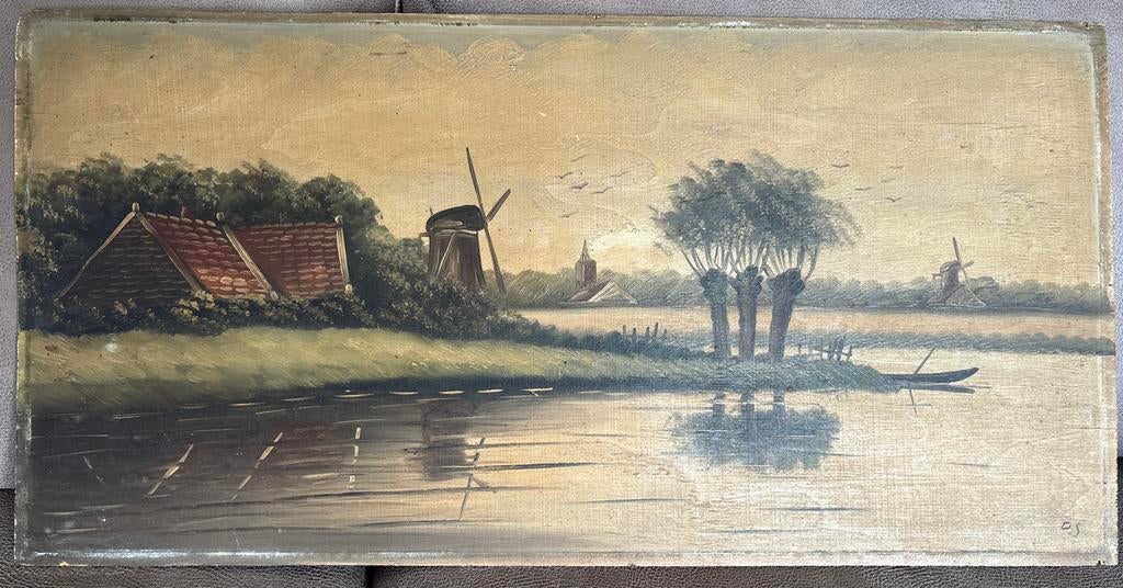Oud Hollands Landschap Schilderij met Molens, Ophalen of Verzenden