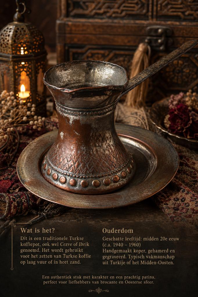 Vintage Oosterse koffiepot / cezve met schaal, Ophalen of Verzenden, Koper