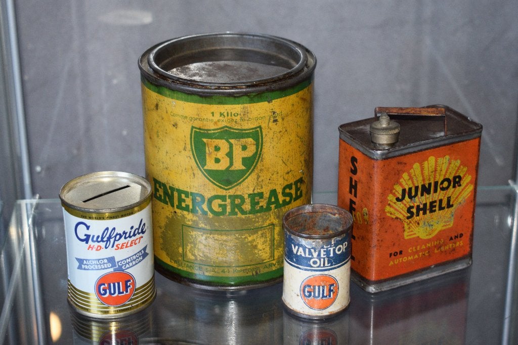 Collectie 4 olie blik Shell BP Energol Gulf, Ophalen of Verzenden, Gebruikt, Reclamebord