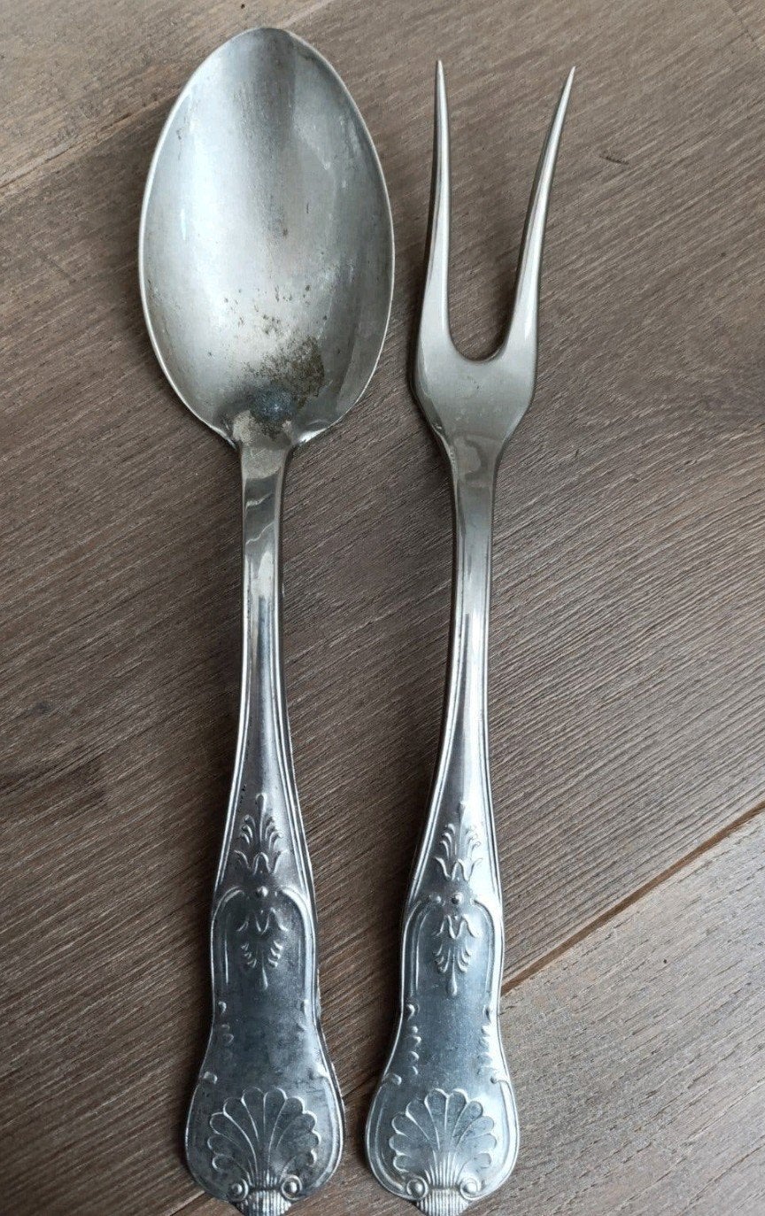 Antiek Verzilverd Opscheplepel & Vleesvork Set, Ophalen of Verzenden