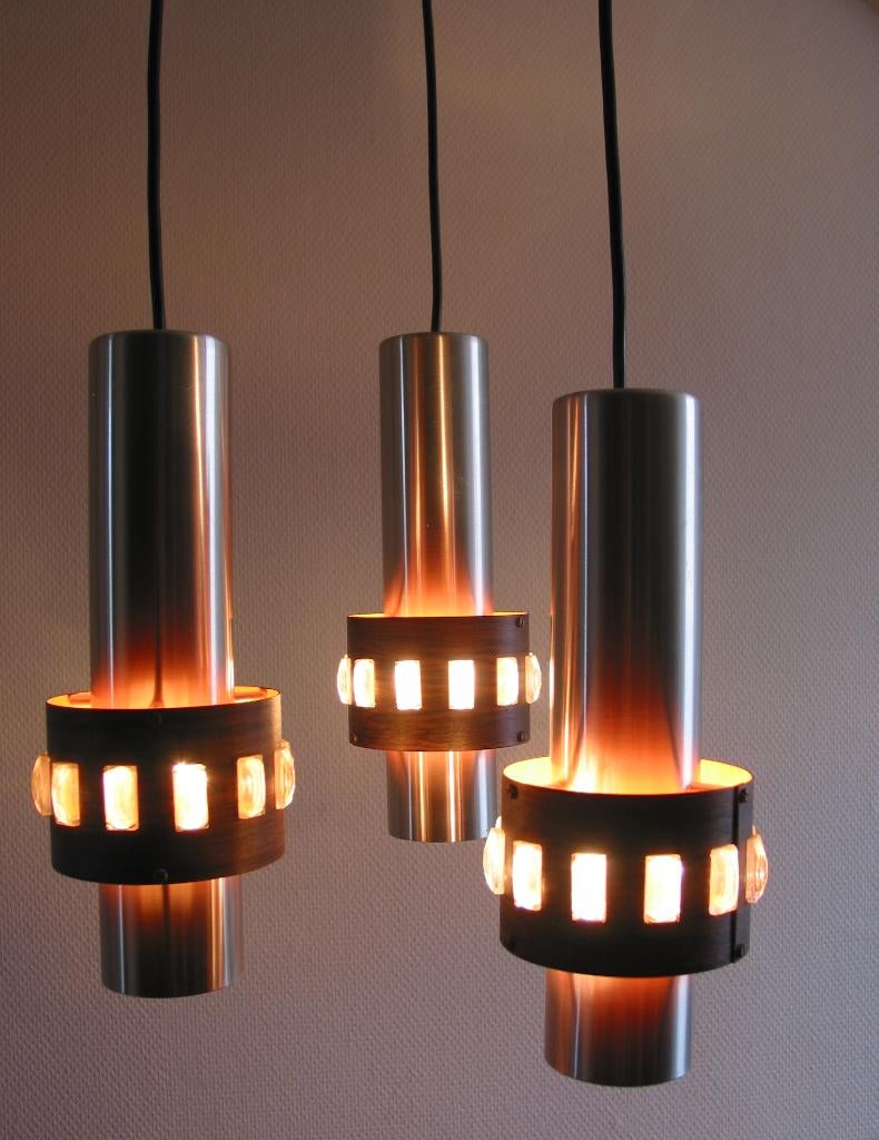 vintage lakro hanglamp met drie kelken uit de jaren 70., Ophalen of Verzenden, Gebruikt, Glas, Vintage design