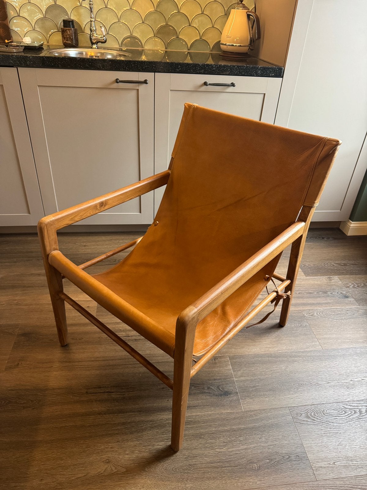 Vintage Scandinavische safari stoel / chair leer en hout, Ophalen