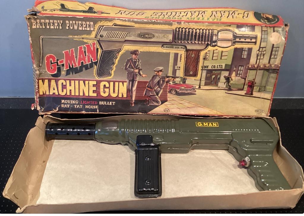 HTF Blikken 1950’s Tin Toy G-Man Machine Gun,Exelo Japan,OVP, Ophalen