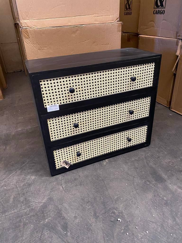 Partij Nieuw ladenkastje met rotan details - Zwart, Huis en Inrichting, Nieuw, 3 of 4 laden, Minder dan 100 cm, 25 tot 50 cm