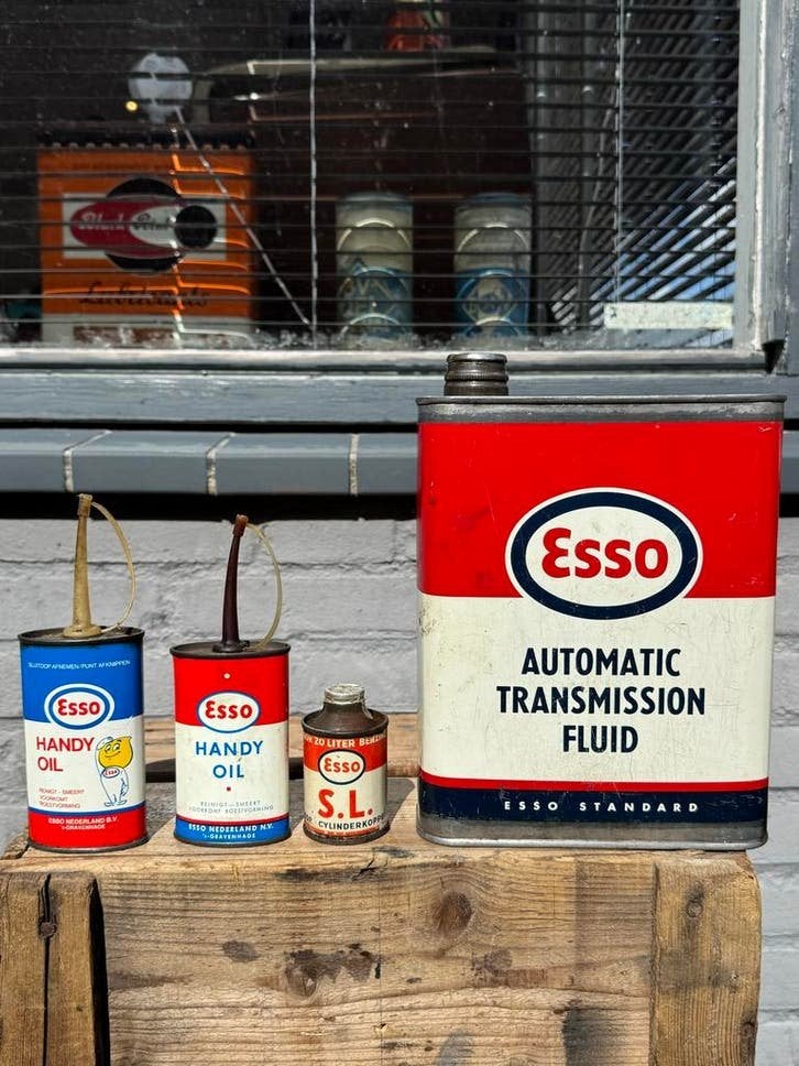 Vintage Esso Olieblikken - Decoratie en Verzameling, Gebruikt, Gebruiksvoorwerp, ., Ophalen of Verzenden