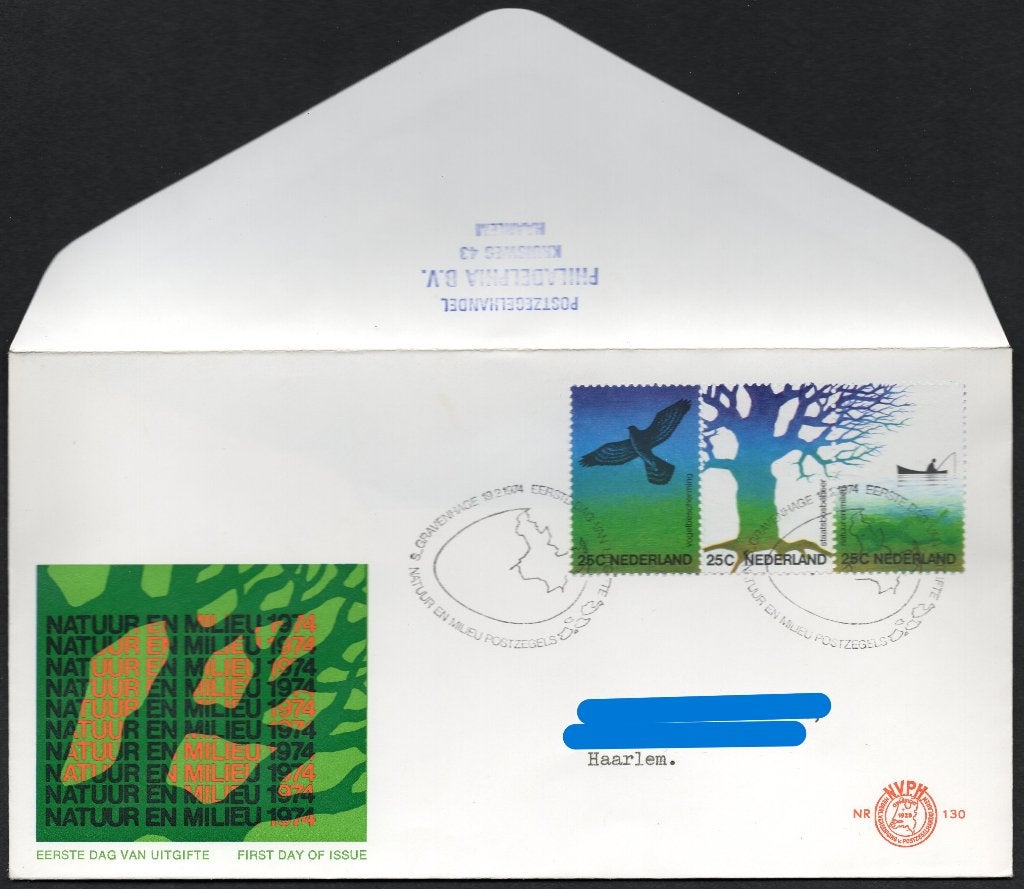 E130 - natuur & milieu 1974 - strook van drie, Postzegels en Munten, Postzegels | Eerstedagenveloppen, Verzenden, Beschreven, Nederland