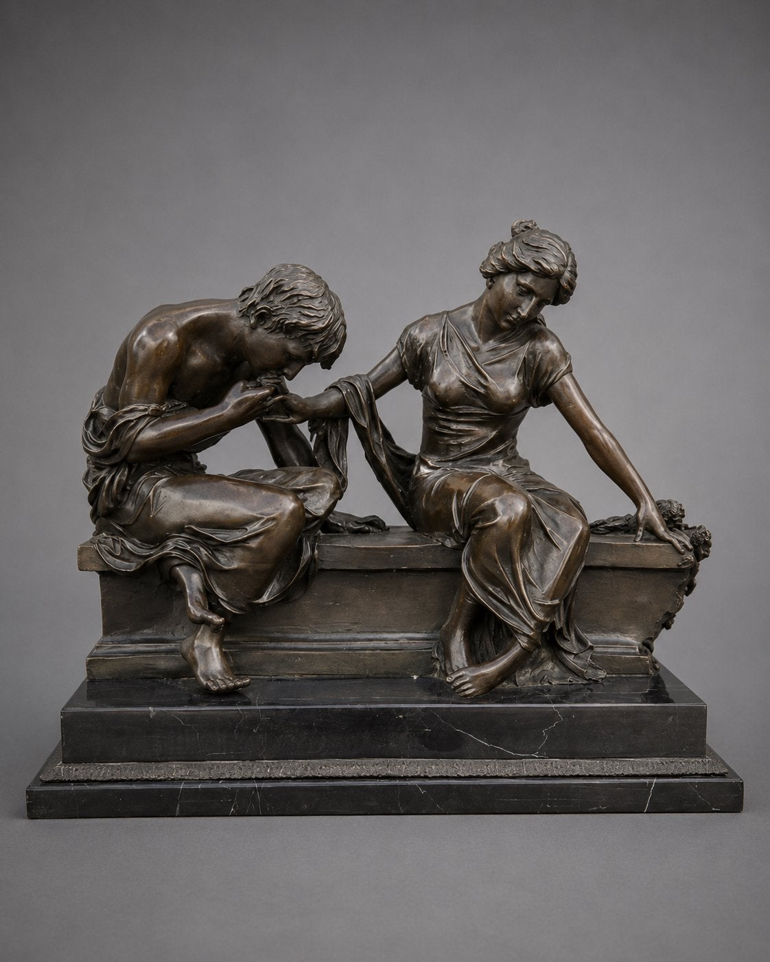 ‘Claudion’ – Liefdespaar - Brons & Marmer, Groep mensen, Ophalen of Verzenden, 20 - 50 cm, Beeld