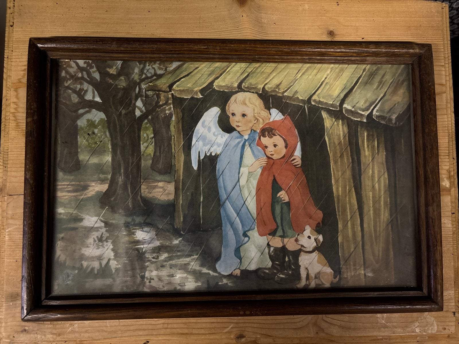 Vintage Schilderij: Engel en Kind (Roodkapje) in de Regen, Antiek en Kunst, Kunst | Schilderijen | Klassiek, Ophalen