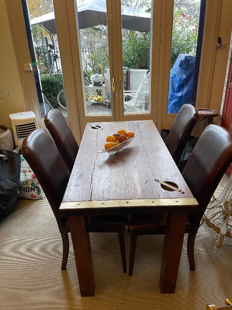 Grote Scheepstafel Dek Luik met Koper en 4 leren stoelen, Ophalen, Gebruikt, Bruin, Vier