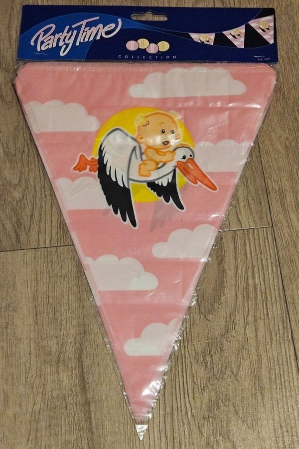Party Time Slinger Ooievaar met Baby Roze - Geboorte Feest, Versiering, O, O, Verzenden