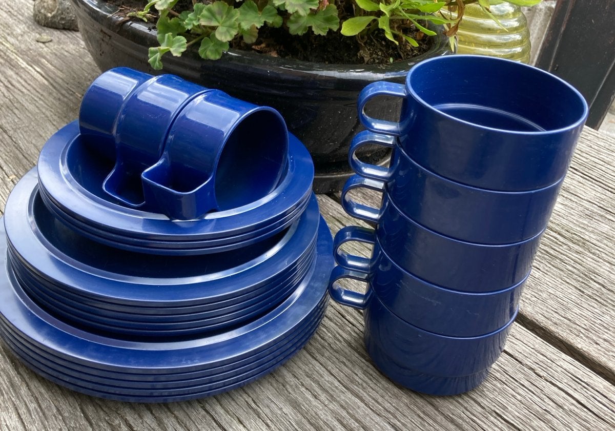 Mepal Vintage blauw kunststof campingservies 20 delen, Caravans en Kamperen, Kampeeraccessoires, Ophalen of Verzenden, Gebruikt