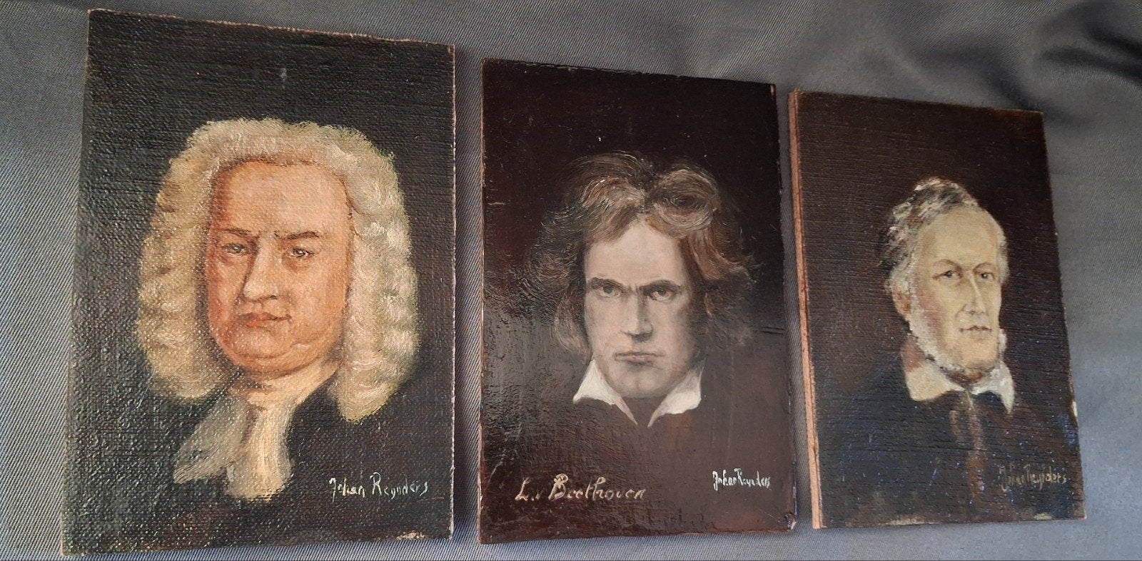 3 miniatuur portretten van componisten - Johan Reynders, Paneel, Portret of Personen, Ophalen of Verzenden, Olieverf