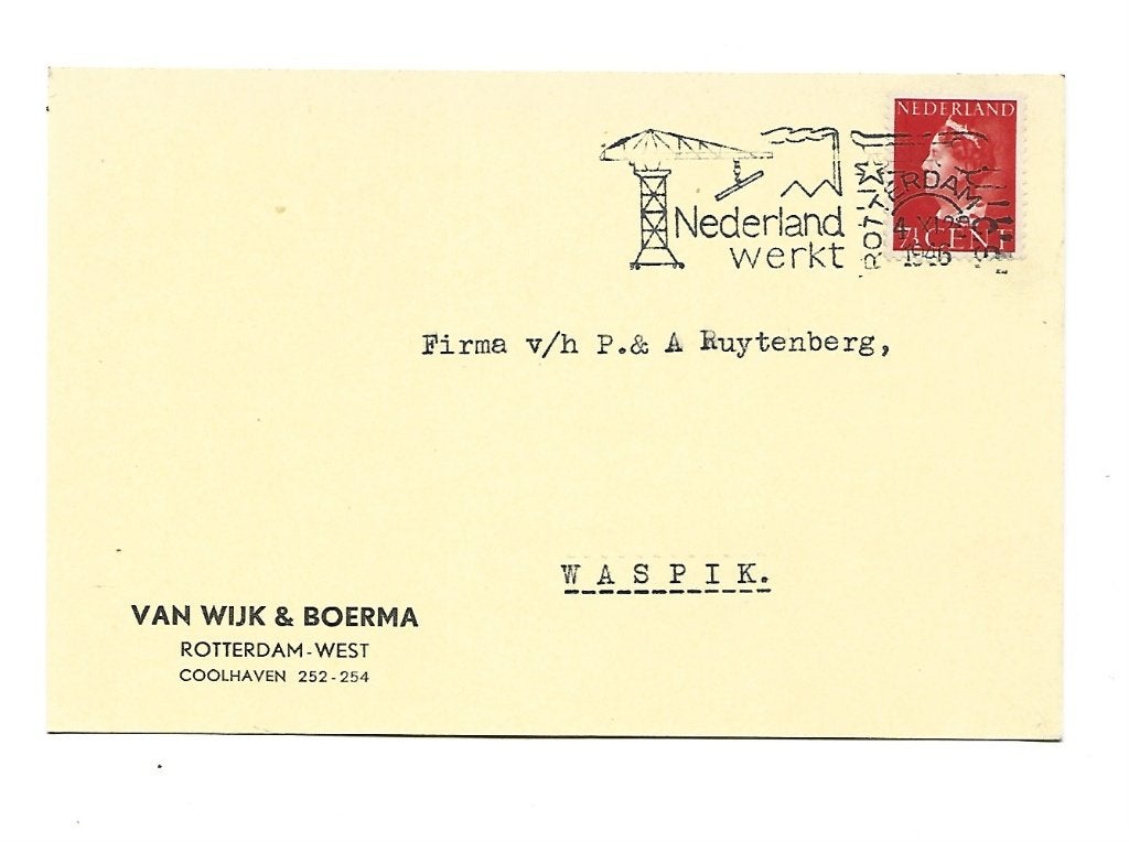 Rotterdam -Van Wijk & Boerma =naar Waspik, Verzenden, Briefkaart