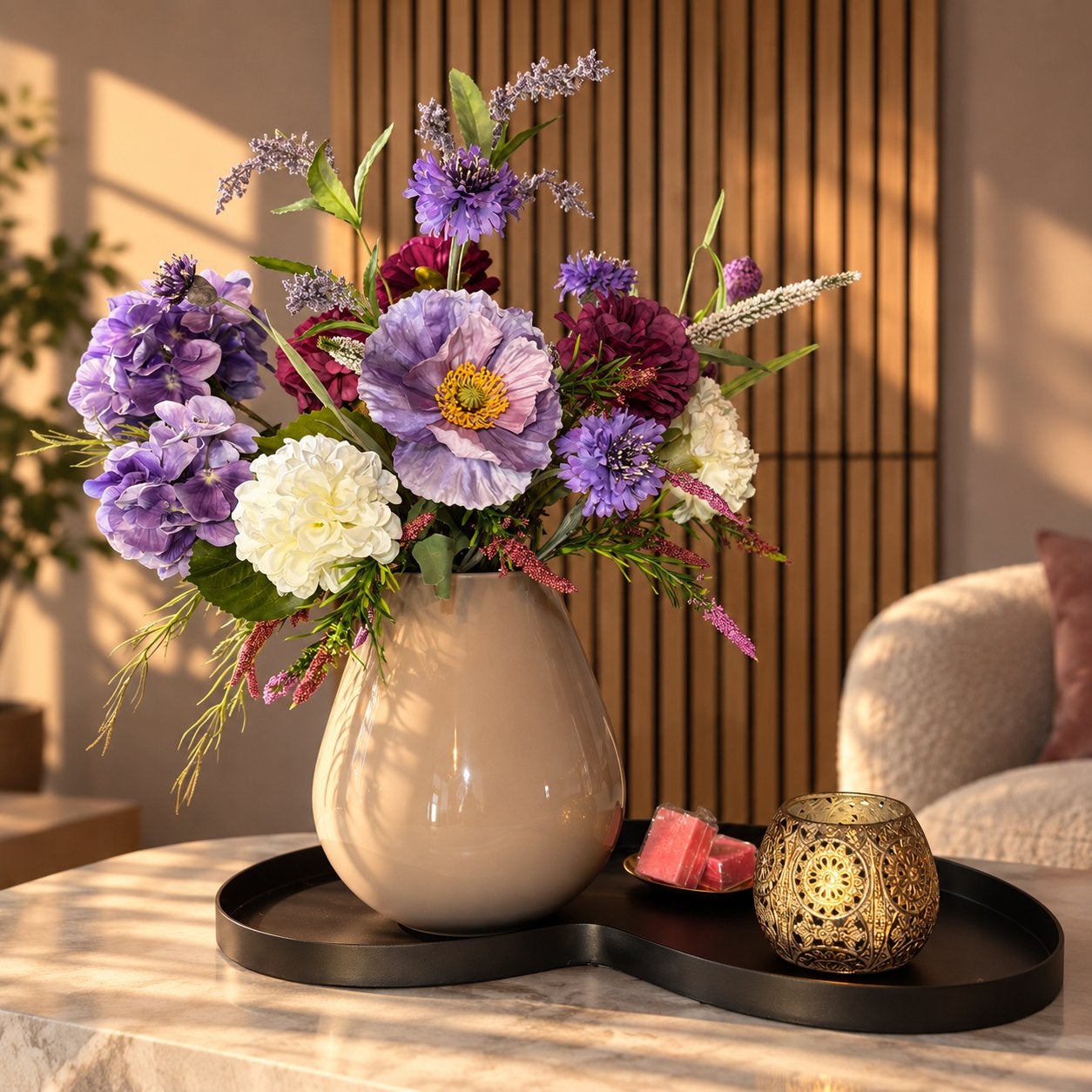 Compleet Tafeldecoratie Set Purple Harmony | Zijden Bloemen, Binnen, 45 cm, Www.discountfashioncorner.nl, Inclusief kunstbloemen