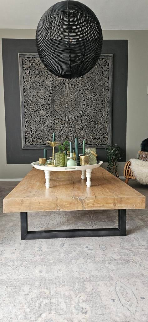 Massief houten salontafel (ook als eettafel te gebruiken), Gebruikt, 150 tot 200 cm, Minder dan 50 cm, Rechthoekig
