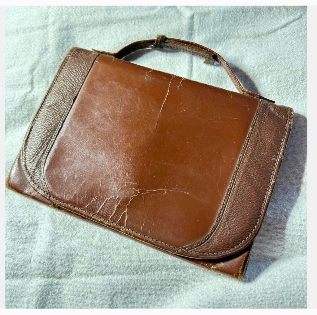 Antiek leren tasje, jaren ‘20, met spiegeltje, Schoudertasje, Ophalen of Verzenden, X, X