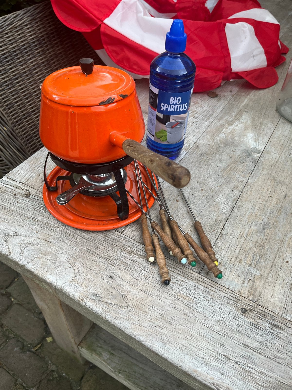 Vintage oranje fondueset met 6 vorkjes en brander, Ophalen, Gebruikt, Brander, Fondueset