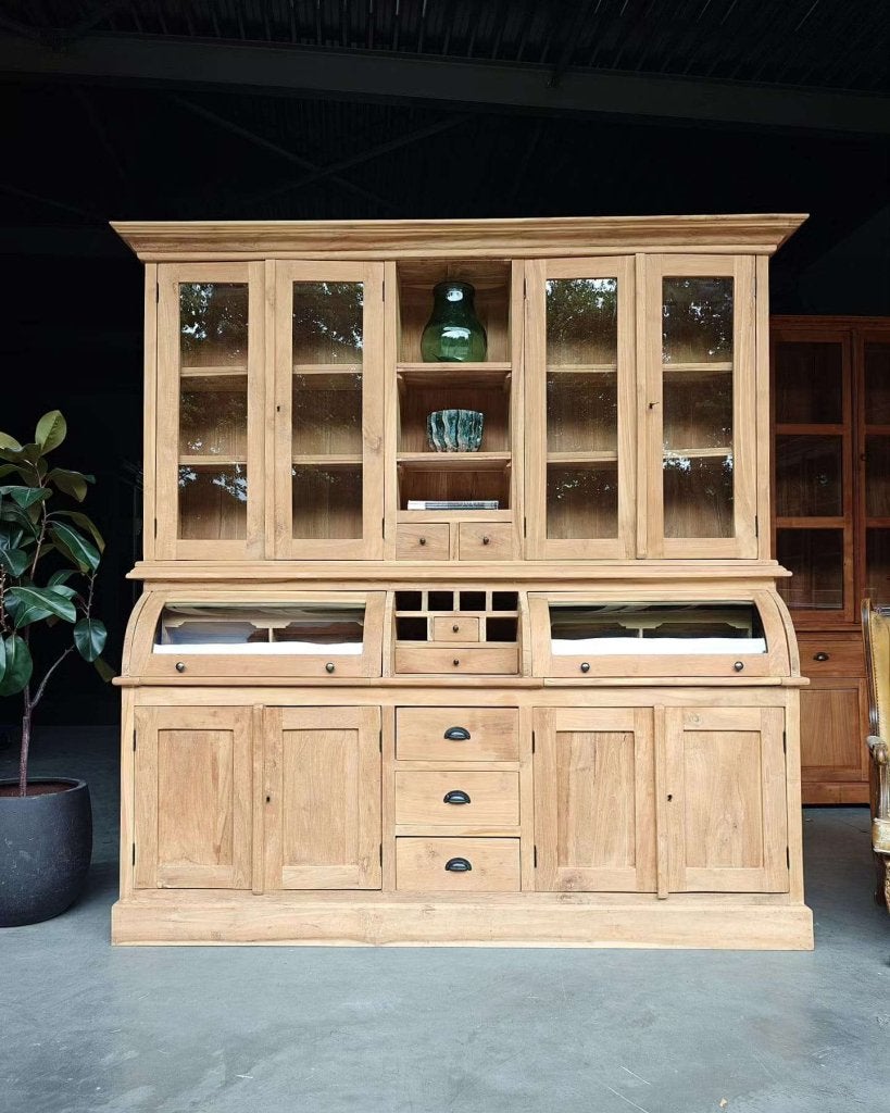 Apothekerskast gemaakt van teakhout | Rond glas #9488, Huis en Inrichting, Kasten | Buffetkasten, Gebruikt, Met deur(en), -, 200 cm of meer