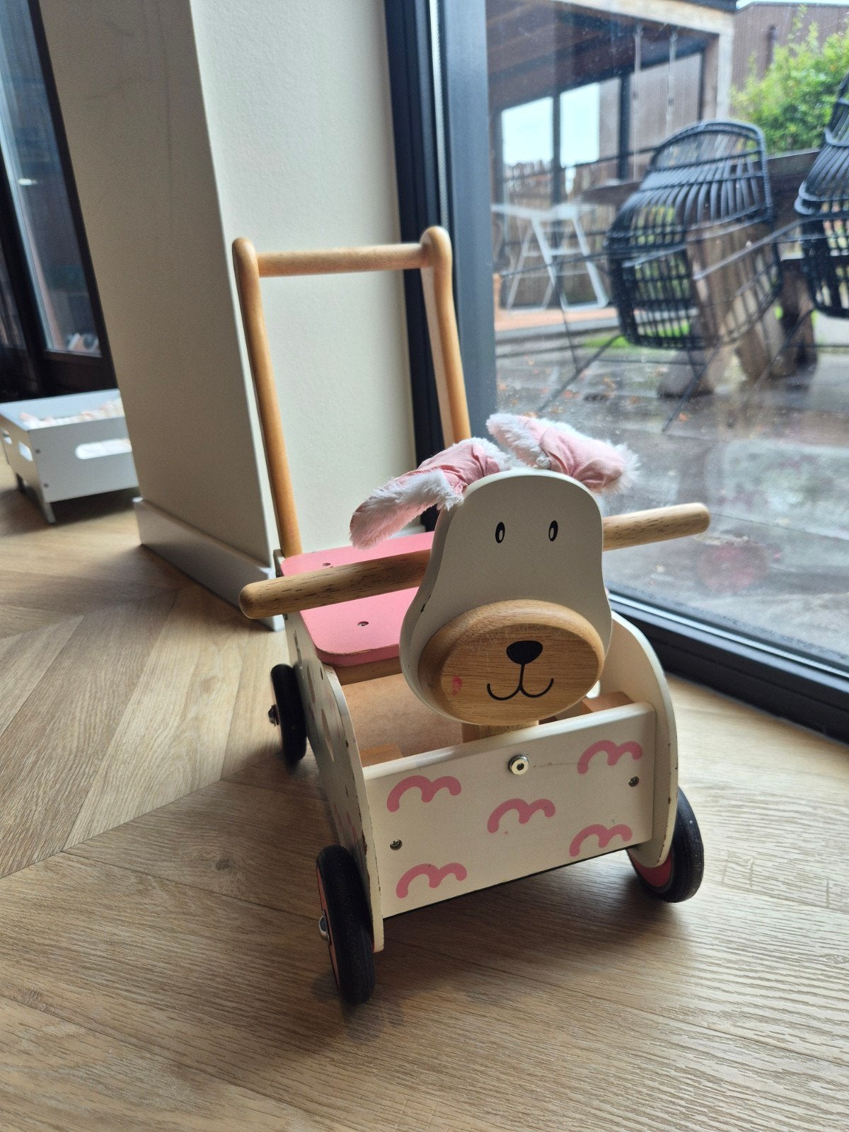 Houten loopwagen met blokjes, Ophalen, Gebruikt, Rij- of Hobbelspeelgoed