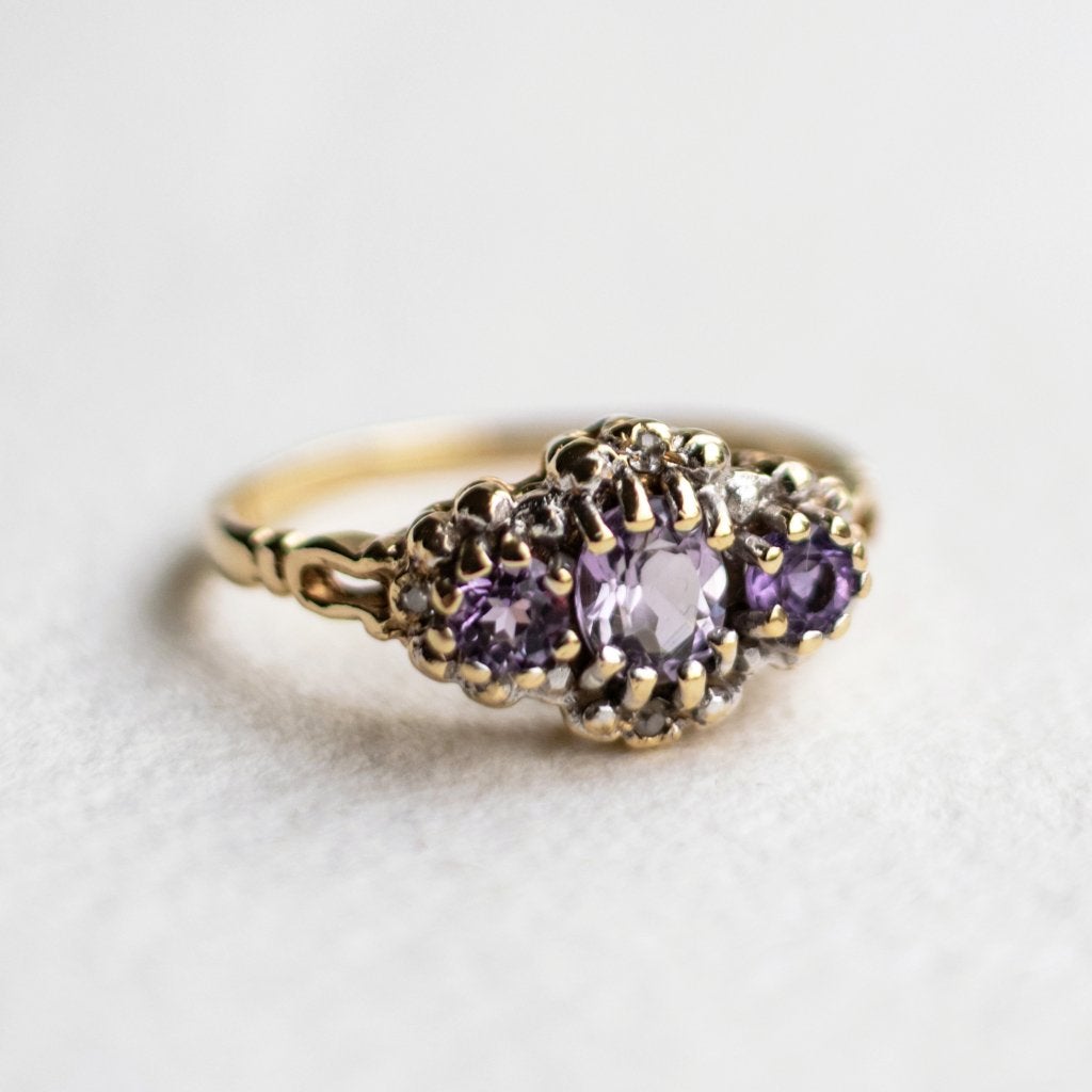 Vintage 9K gouden trilogy ring met Amethist & diamant - 16, Ophalen of Verzenden, Met edelsteen, Dame, Goud