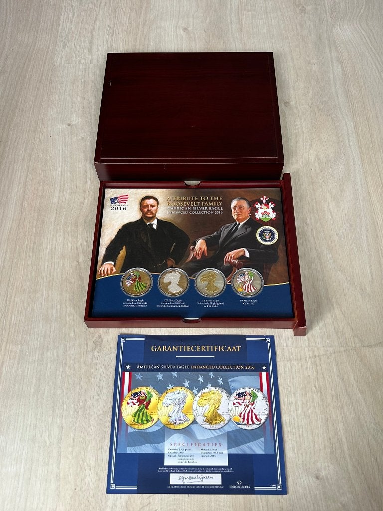 Roosevelt family 4x 1 ounce Silver Eagle munten set in doos, Ophalen of Verzenden, Noord-Amerika