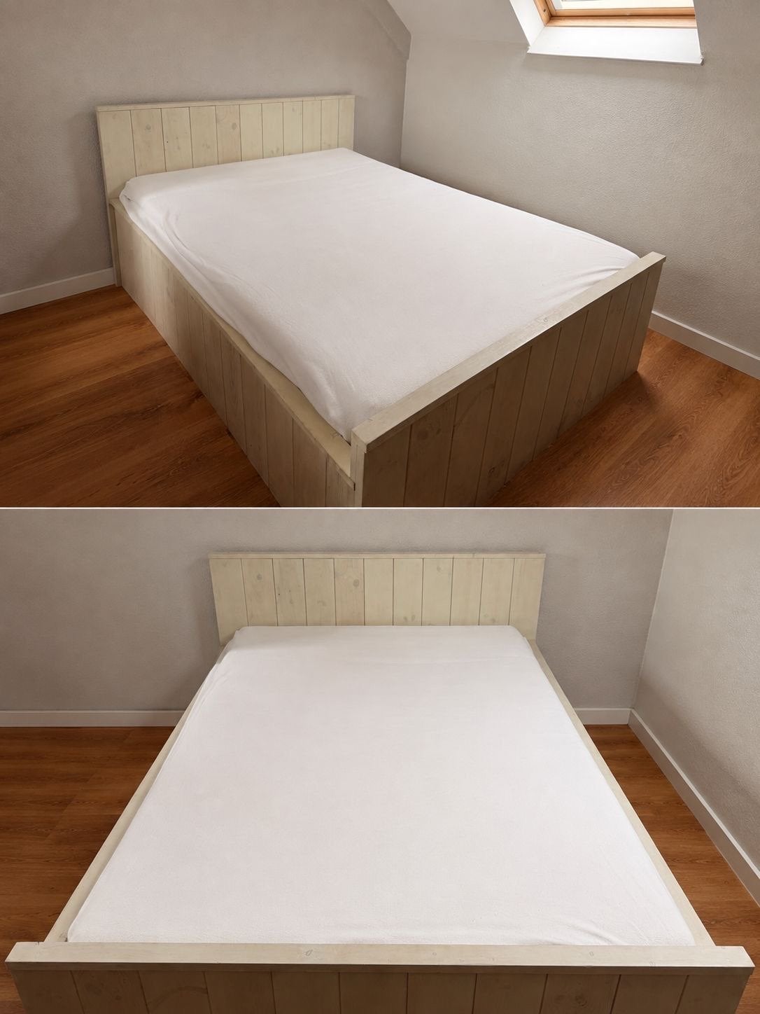 Stevig houten tweepersoonsbed met landelijke stijl, Huis en Inrichting, Slaapkamer | Bedden, Ophalen, Beige, Tweepersoons, 140 cm