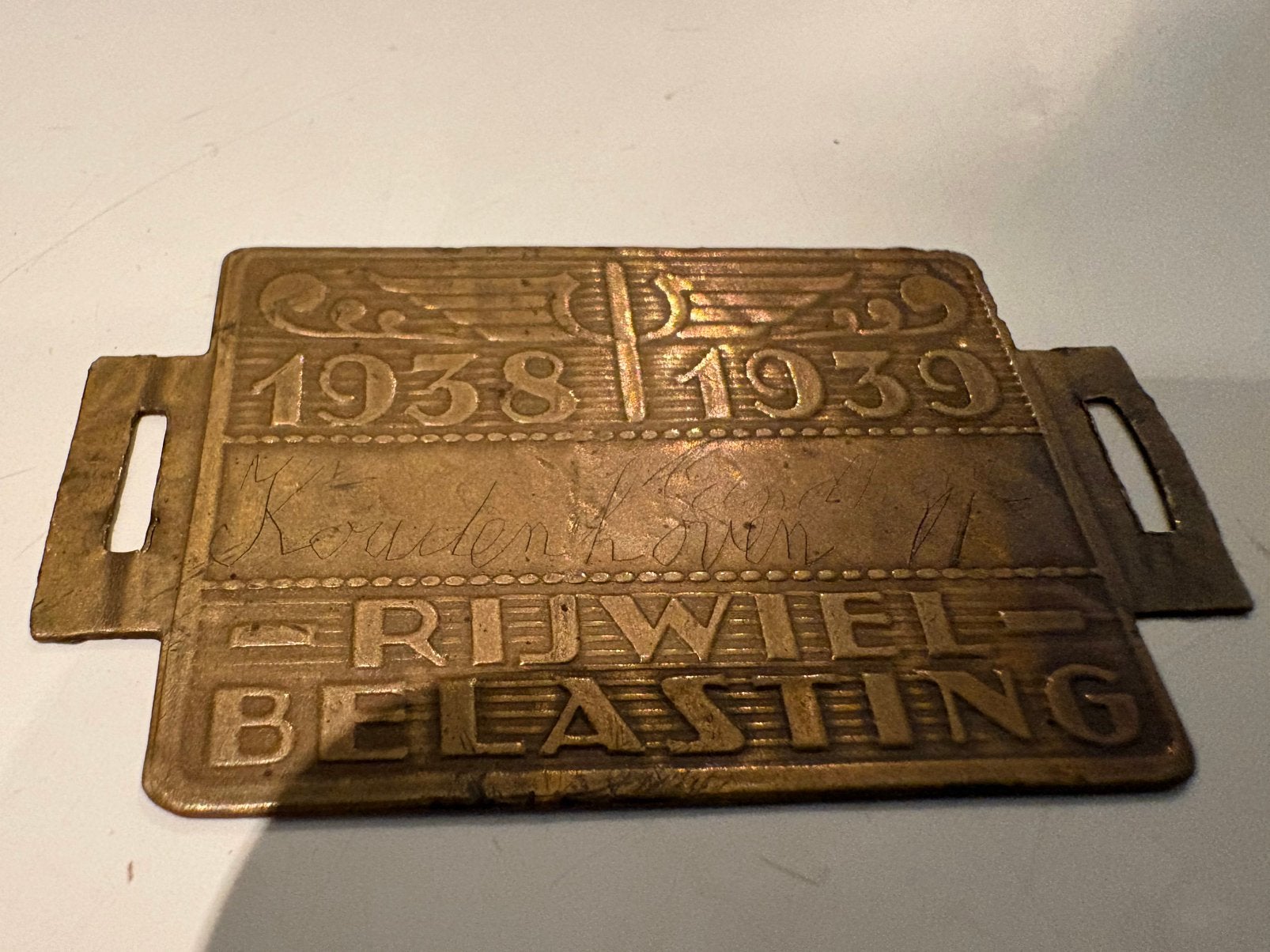 Antieke Rijwielbelasting Plaat 1938-1939, Verzamelen, Ophalen of Verzenden, Gebruikt